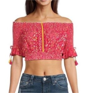 Poupette St. Barth Nava Off the Shoulder Crinkle Print Cropped Top Blouse - XS